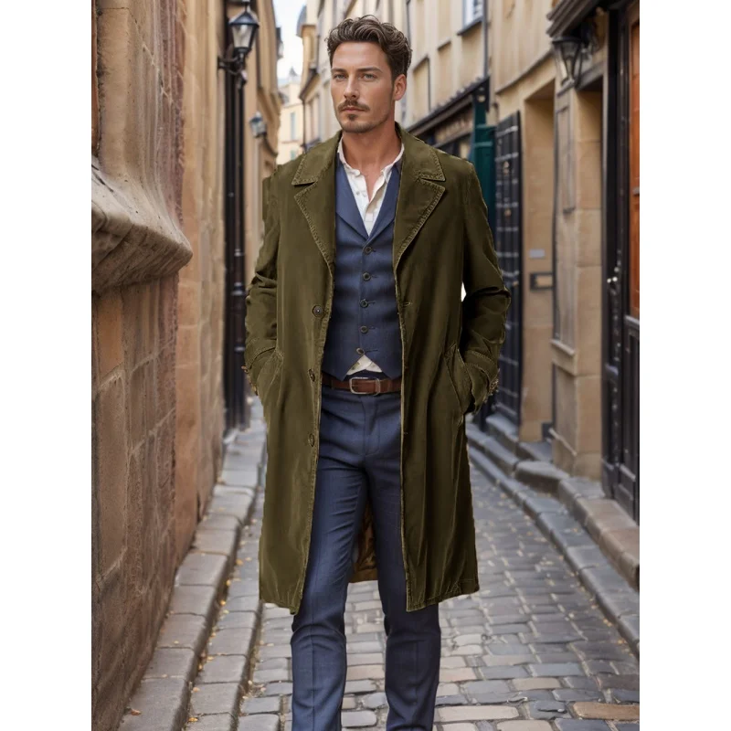 2024Lente en herfst heren trenchcoat corduroy halflange single-breasted effen kleur jas