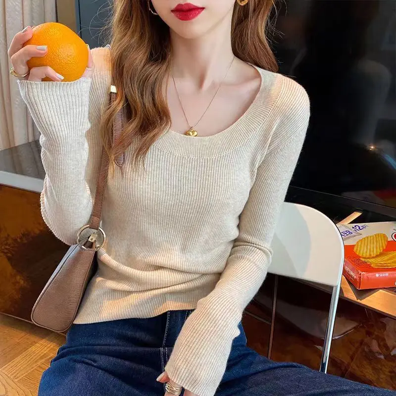 

Вязаный свитер, женские пуловеры, новый белый вязаный свитер с длинным рукавом и круглым вырезом, пуловер, женские топы, трикотажные изделия Sueters De Mujer Q1071