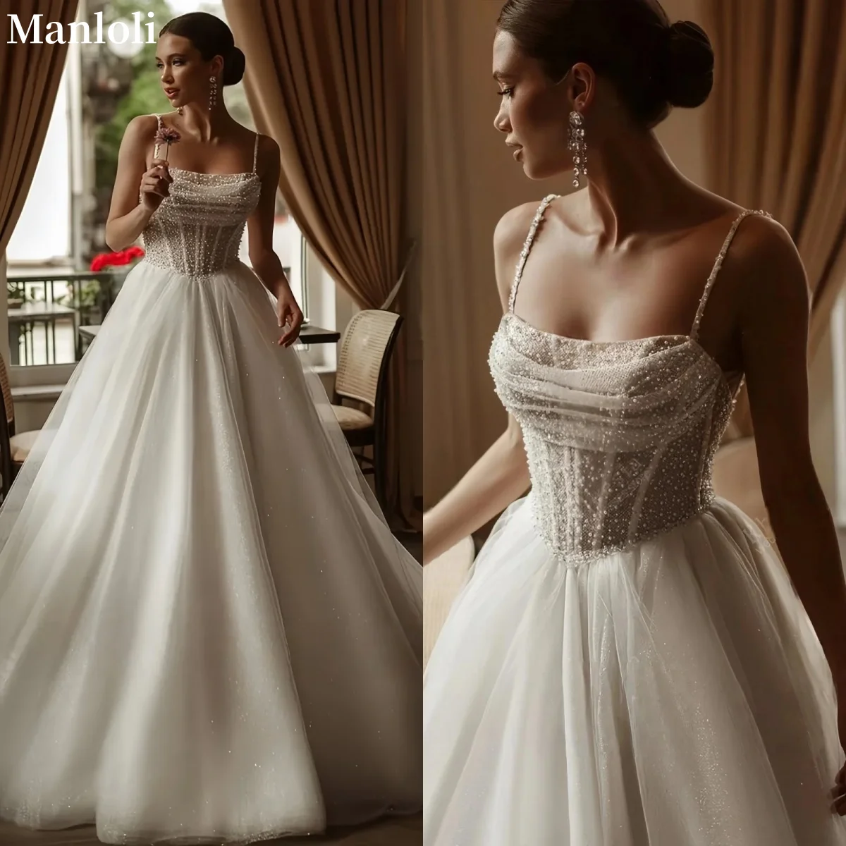 Elegant Tulle Square Neck A-line Wedding Dress Beaded Spaghetti Strap Bridal Gown Princess Dance Dress Customization