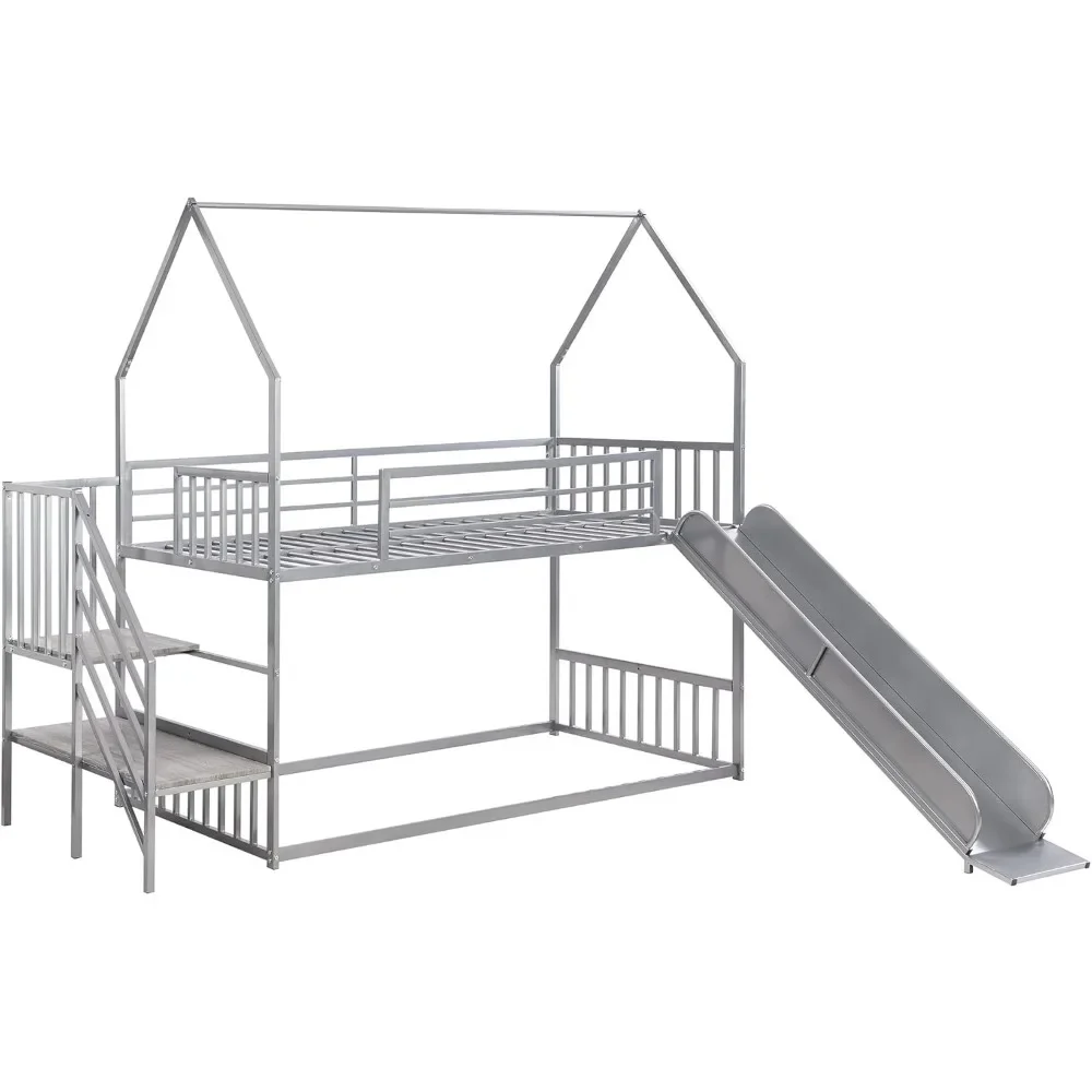 Twin Over Twin Size Metal Bunk Bed with Stairs, House-Shape Bunk Bed with Slide, No Noise,House Bed Frame for Kids