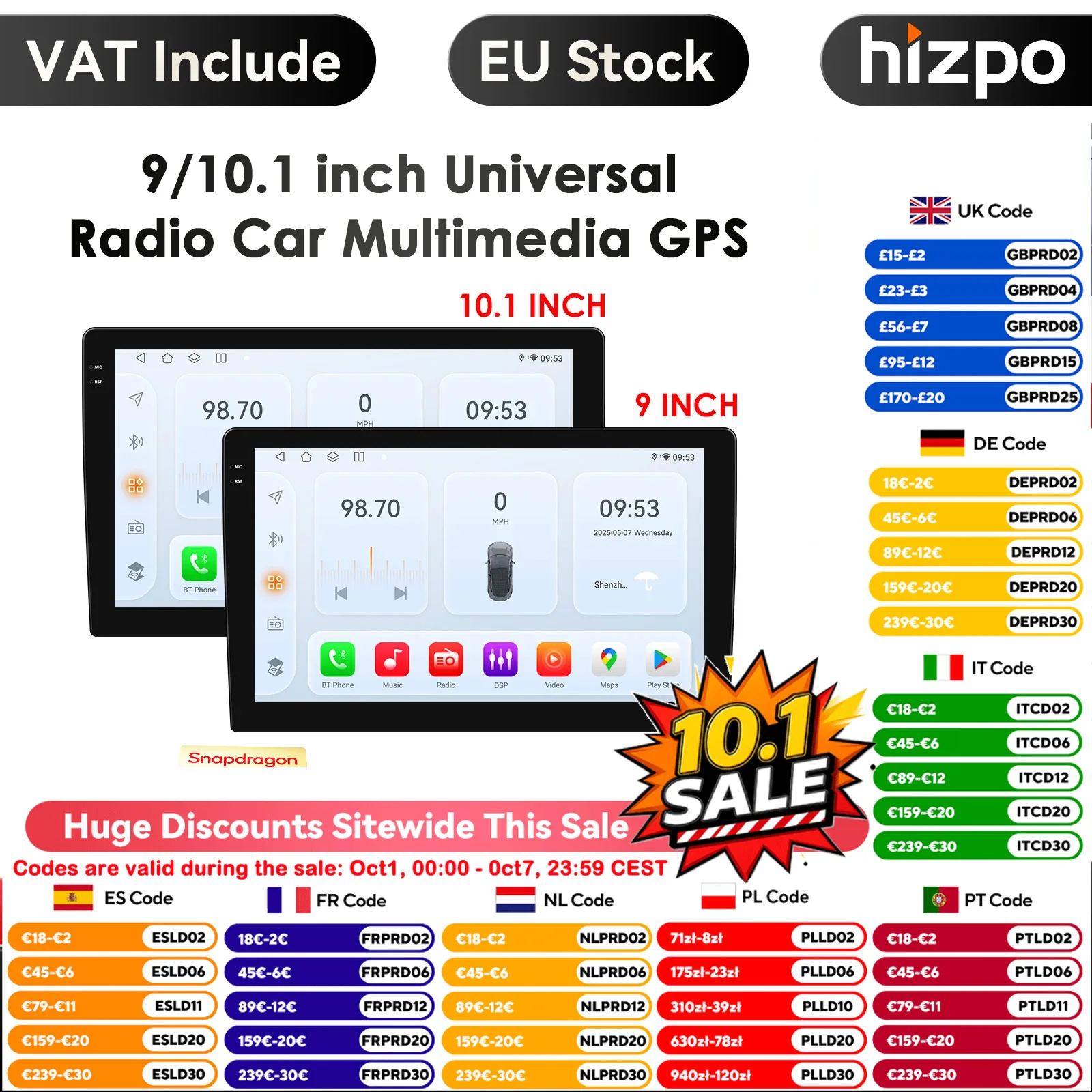 Hizpo Qualcomm Autoradio Carplay Android Auto Stereo Lettore multimediale Universale 5GWIFI GPS Autoradio AI Auto Sistemi intelligenti
