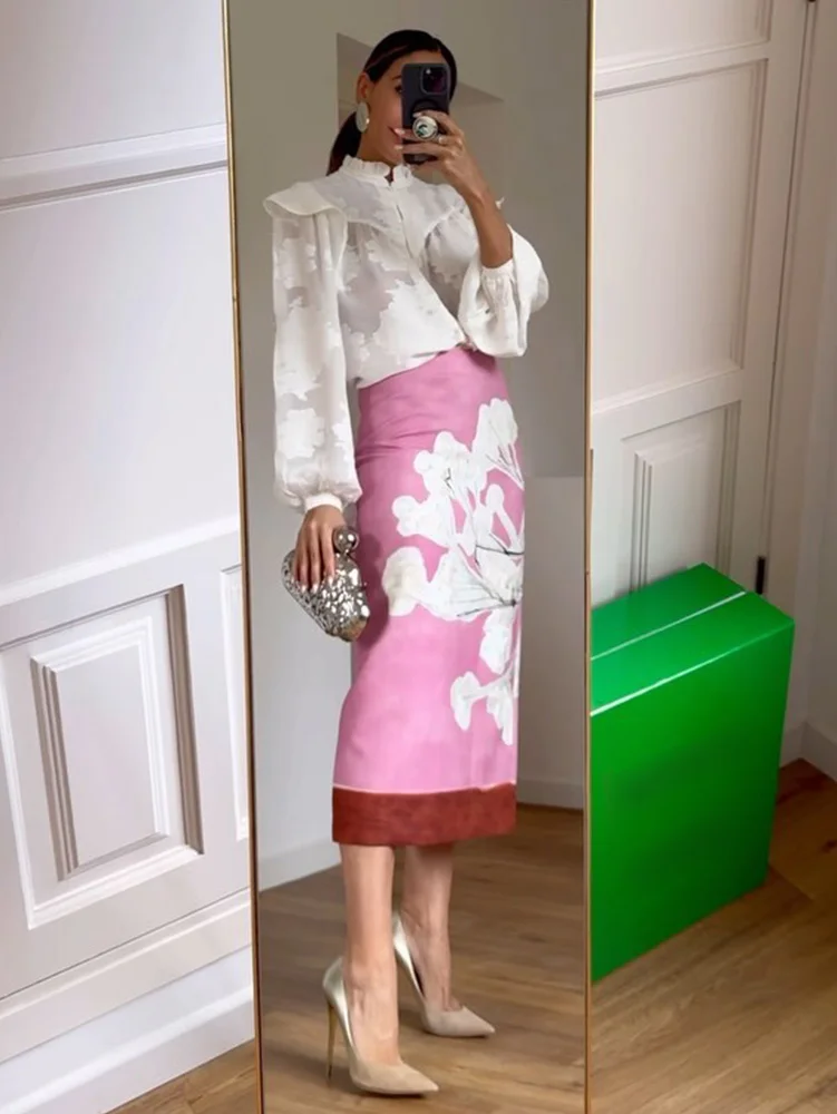 

HH TRAF Summer Elegant Midi Skirts Woman 2024 Trendy Printed High Waist Slit Pencil Skirt Zipper Female Vintage Straight Skirts