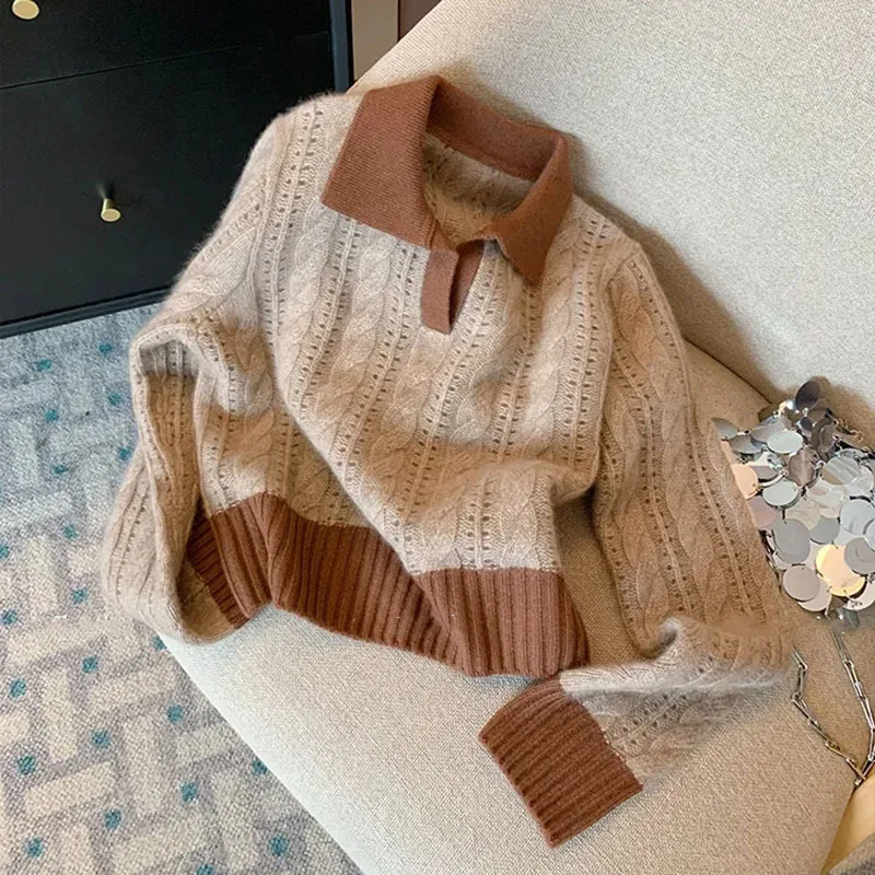 여성용 빈티지 할로우 아웃 풀오버 스웨터, 턴다운 칼라 니트웨어 점퍼, 긴팔 니트 상의, 패널 컬러