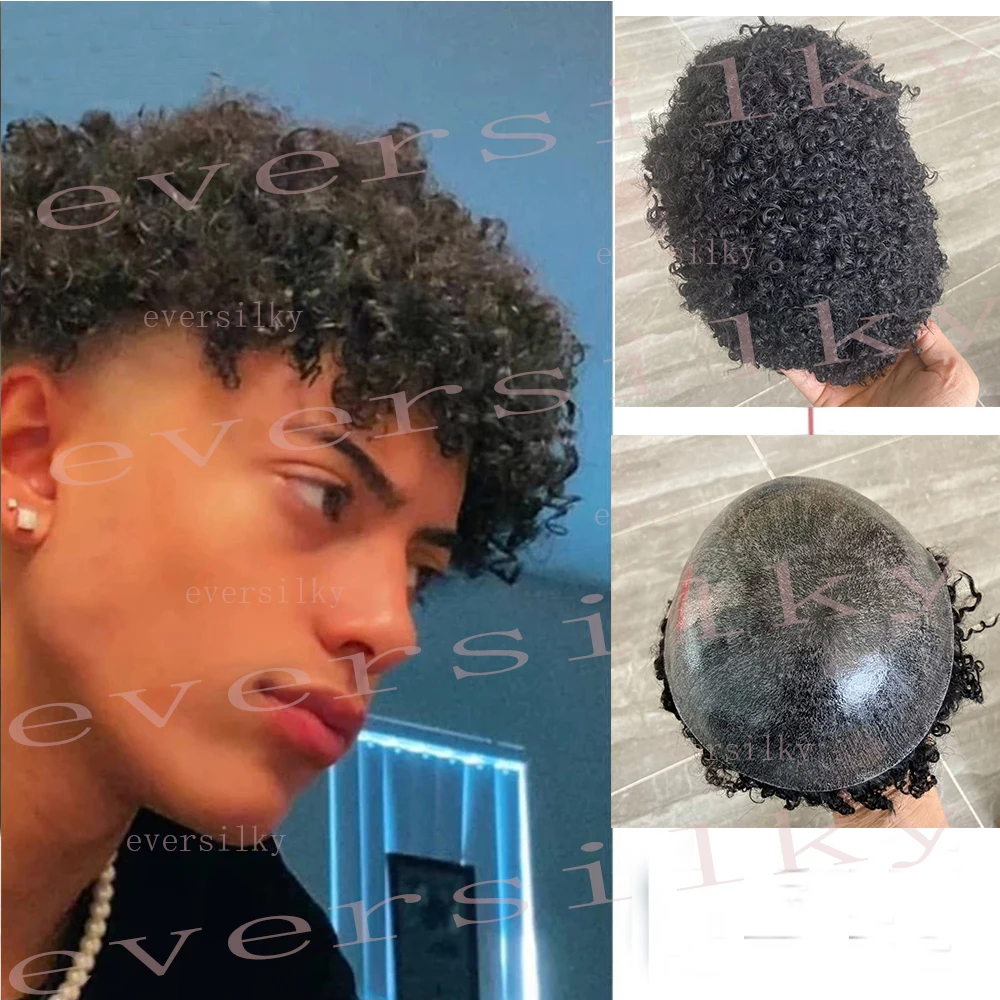 

8mm Afro Curly Grey Black Brown African American Wig Human Hair Super Durable Skin Men Toupee Invisible Transparent PU Prosthsis