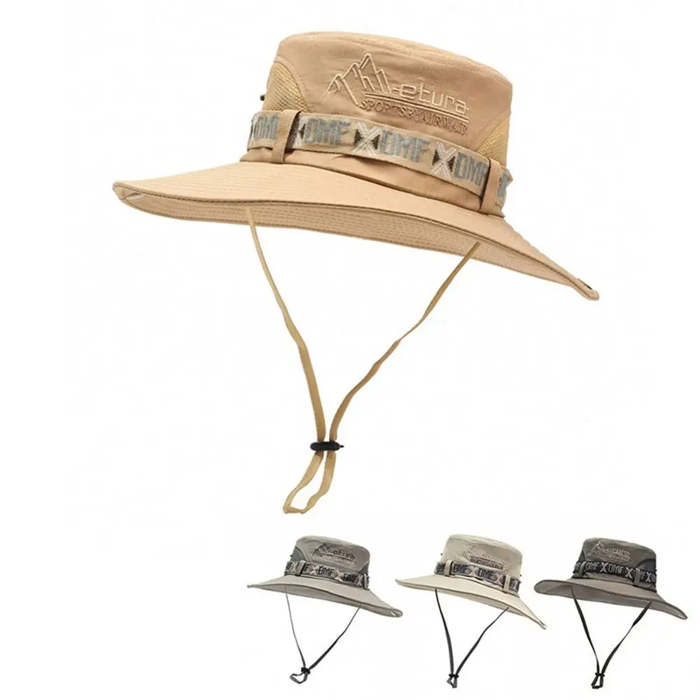 หมวกบักเก็ตผู้ชายสำหรับฤดูร้อน ป้องกันรังสียูวี ปีกกว้าง สไตล์ปานามา ซาฟารี ล่าสัตว์ เดินป่า หมวกตาข่าย หมวกชาวประมง หมวกกันแดดชายหาด
