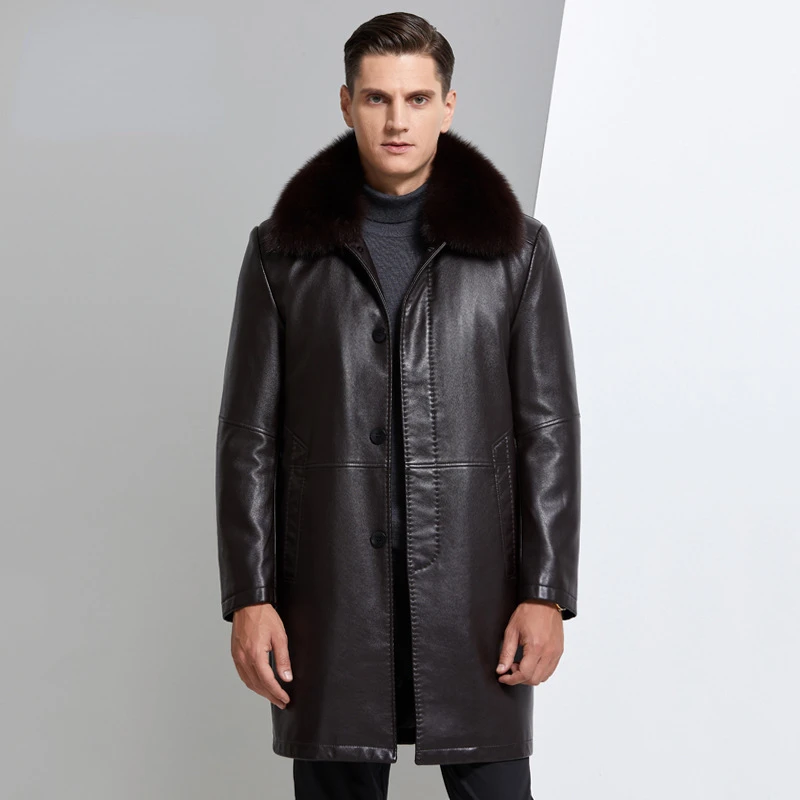 Men Leather Jacket Casual Warm Winter Leather Jackets for Men Detachable Rex Rabbit Fur Liner Coats Mink Fur Collar Chaquetas