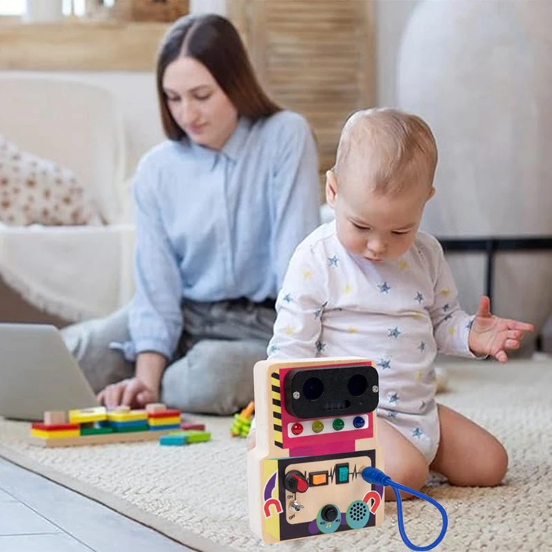 Busy Board With LED Light Wooden Traffic Light Robot Busy Board Simulation Busy Light Switch Early Educational Toy Durable