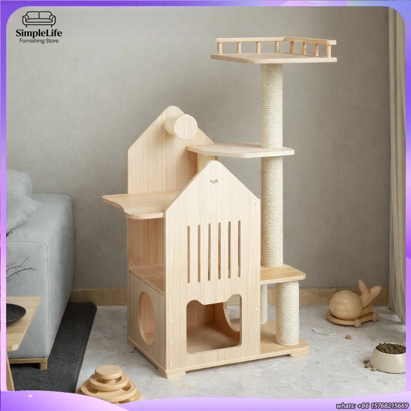 

Real Wood Cat Tree with Space Capsule Hideout Climbing Tower Scratching Post for Small Cats Compact Vertical Design