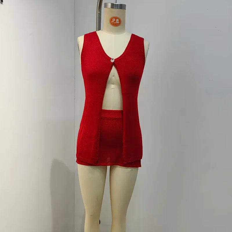 Mode Een Knop Vesten & Rokken Set Sexy Hot Meisje Mouwloze Pailletten Gebreide 2pc Nieuwe Hol V-hals Effen Vakantie sets