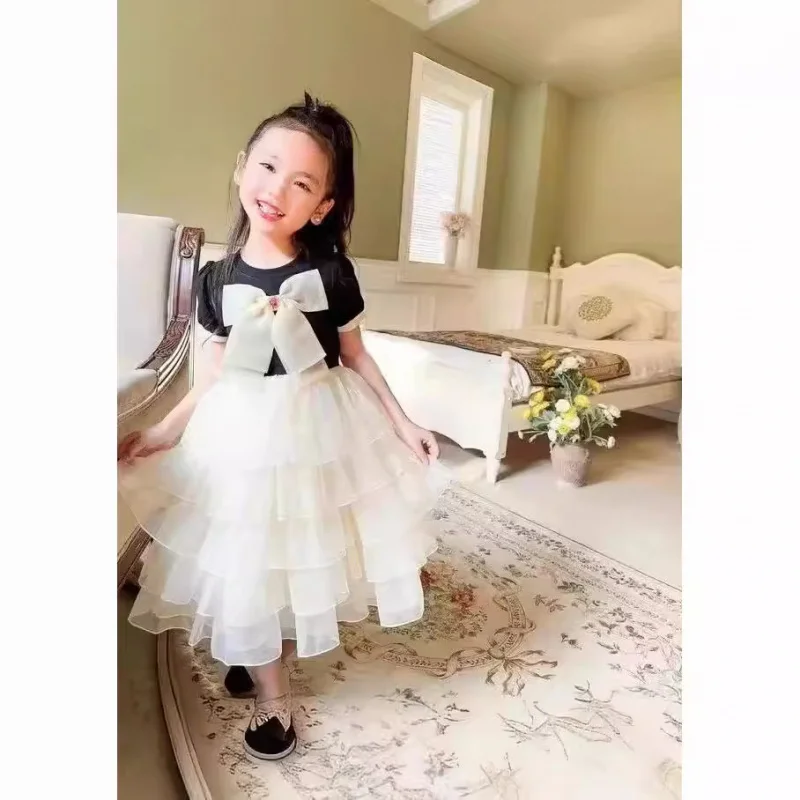 فستان بناتي بأكمام قصيرة مع فيونكة وحاشية ملفوفة فستان كعكة الأميرة