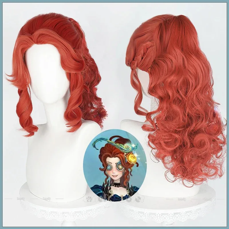 Aa69Identity V Archer 코스프레 가발 Anachronic Vilulf 다크 레드 하이 컬리 포니 테일 가발 여성 소녀 남성 할로윈 Brynhildr Vi