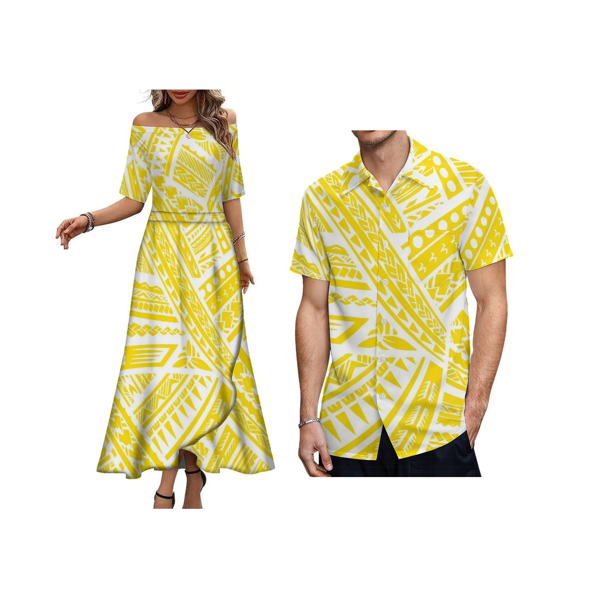 2025 ใหม่มาถึงที่กําหนดเองพิมพ์ผู้หญิงปิดไหล่ Polynesian จีบกระโปรงชุดลําลอง Match PLUS ขนาด Aloha ชายเสื้อ