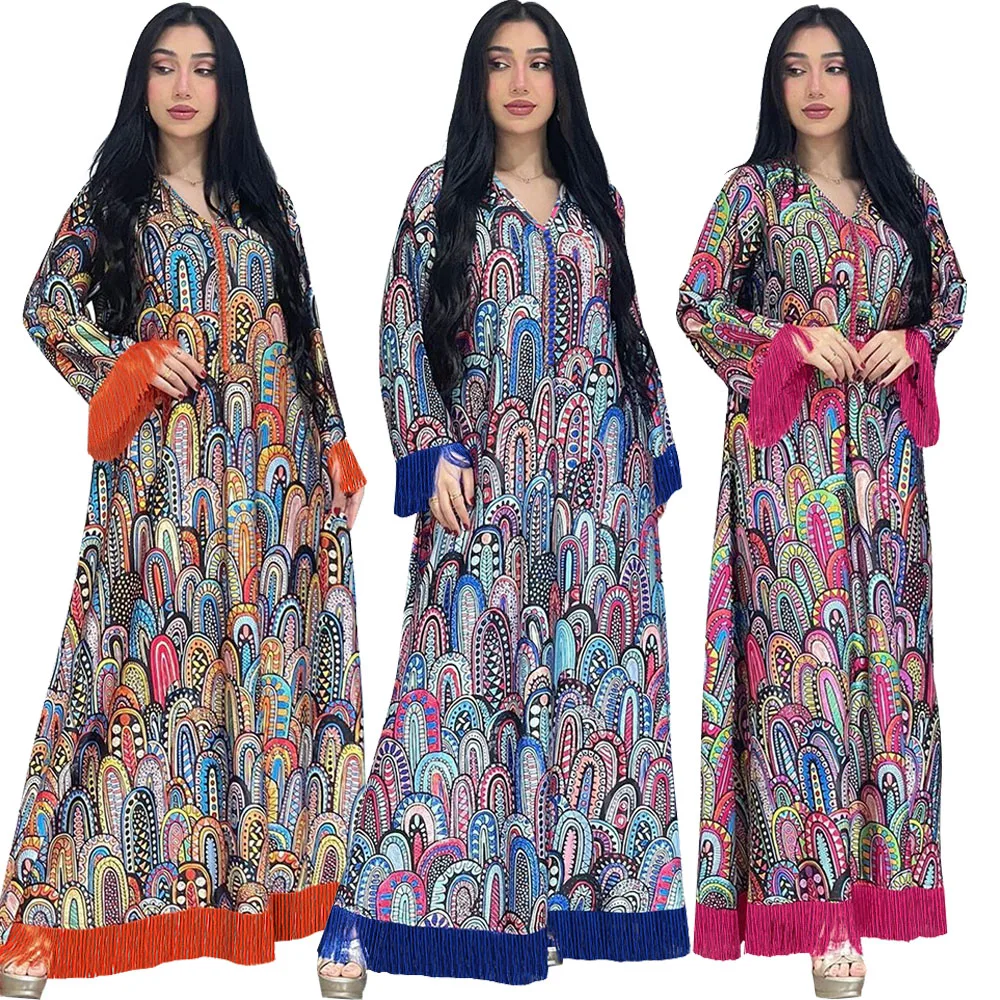 

Muslim Women Floral Print Tassel Abaya Maxi Dress Turkey Dubai Kaftan Caftan Eid Ramadan Evening Arabic Morocco Jalabiya Vestido