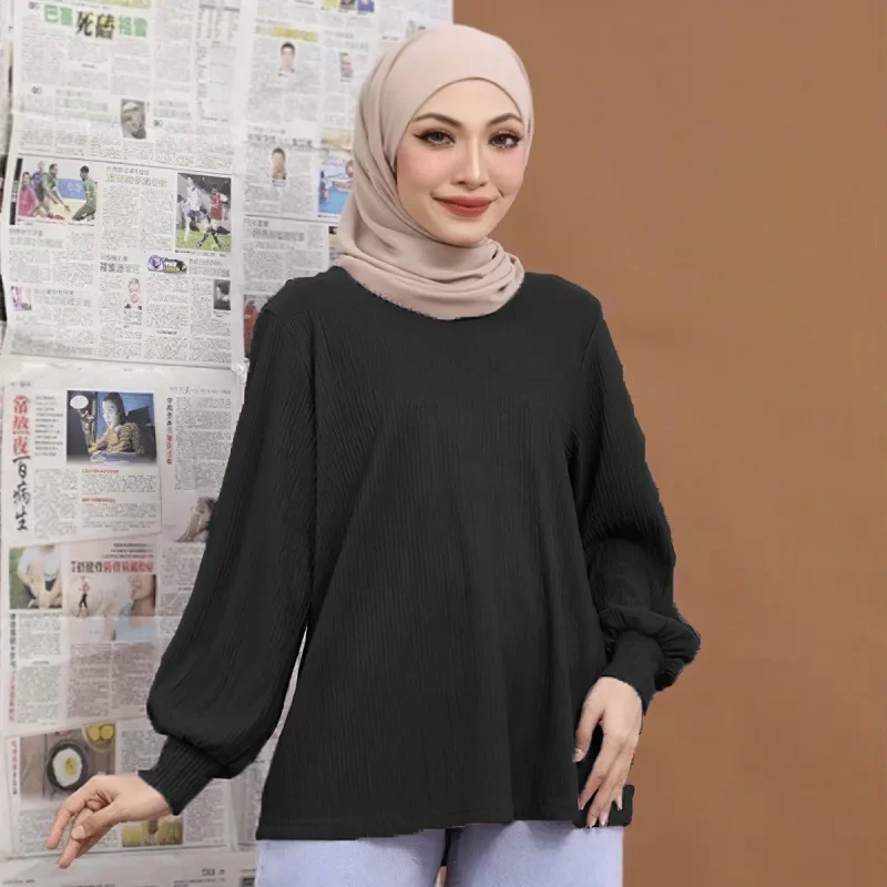 Women Eid Muslim Tops Puff Sleeve O Neck Blouses Morocco Kaftan Arab Solid Folds Casual Loose Pullover Dubai Islam Ramadan