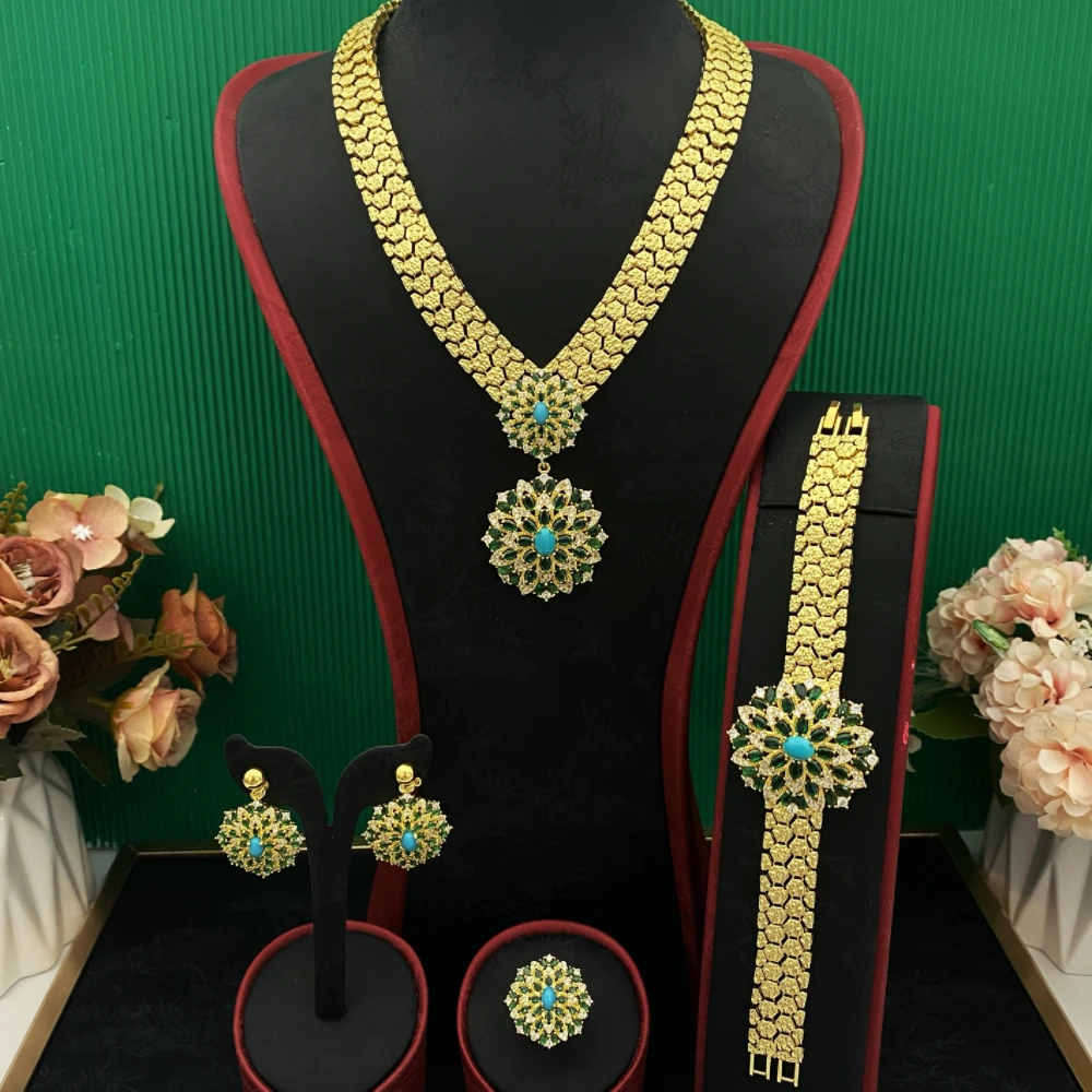 

JRH Высококачественное сборное позолоченное медное ремесло, роскошные ювелирные изделия с кубическим цирконием, женское ожерелье Libya, серьги, браслет, комплект колец