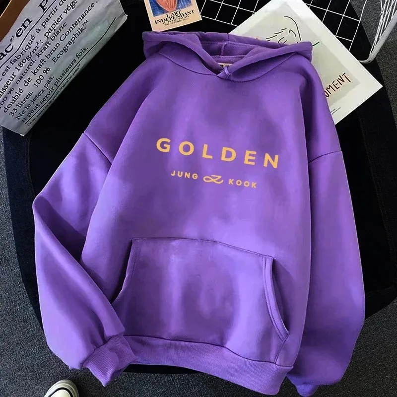 سترة JungKook الذهبية ذات القلنسوة للسيدات جمالية بجانبك، سترة بغطاء للرأس للجنسين مطبوع عليها حروف، بلوفرات عصرية، بلوزات كورية