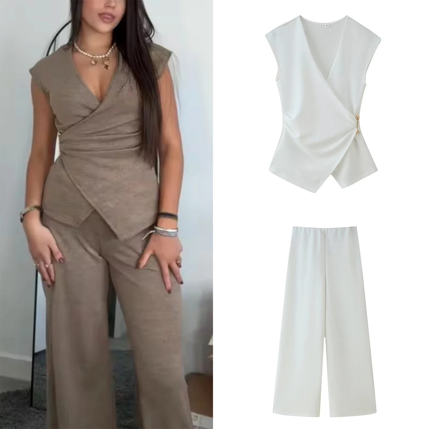 Women's Double-Breasted V-Ne Top And Long Pants Faion Set Summer 2025 Breathable Polyester Blend Comfortable Four-Season ...
