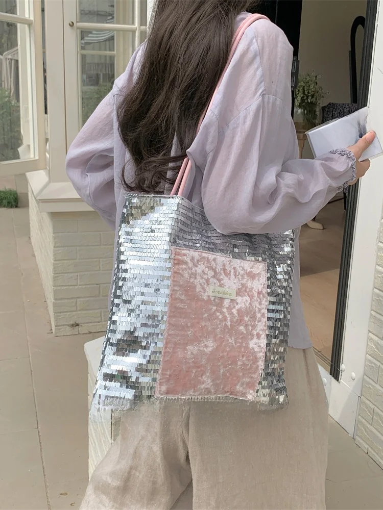

SOZAKKA Trendy Silver Sparkle Canvas oulder Bag Large Capaci Commuter Handbag Velvet Material Youth Daily Use