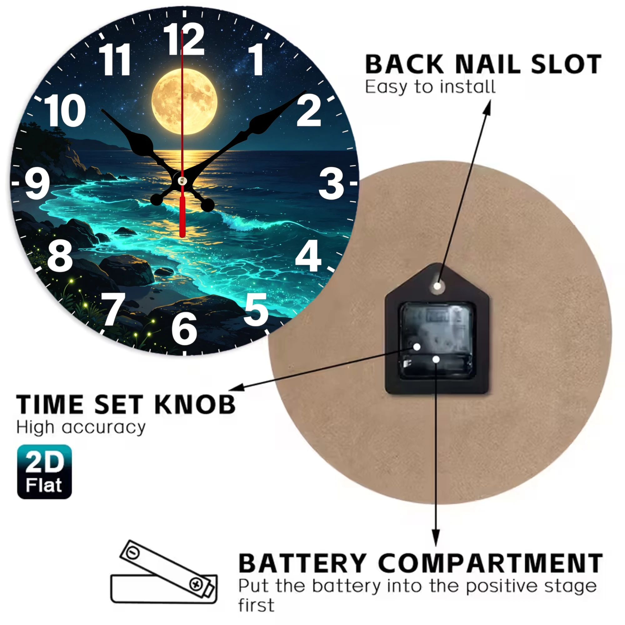 Moonlight Ocean Beach Wooden Wall Clock, Silent Non Ticking Quartz Movement, 10/12 Inch Round Wood Clock for Home Decor, Living Room Bedroom Wall Decoration