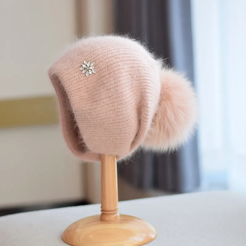 2023 neue Luxus Strass Beanie Hüte Frauen Winter Mode Warme Echt Kaninchen Fell Stricken Hüte Erwachsene Ohr Schutz Abdeckung Kopf kappe – Detail 1