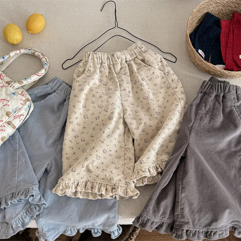 

Children's pants 2025 spring girls' corduroy pants black fungus edge clothes wide leg straight leg pants kids clothes