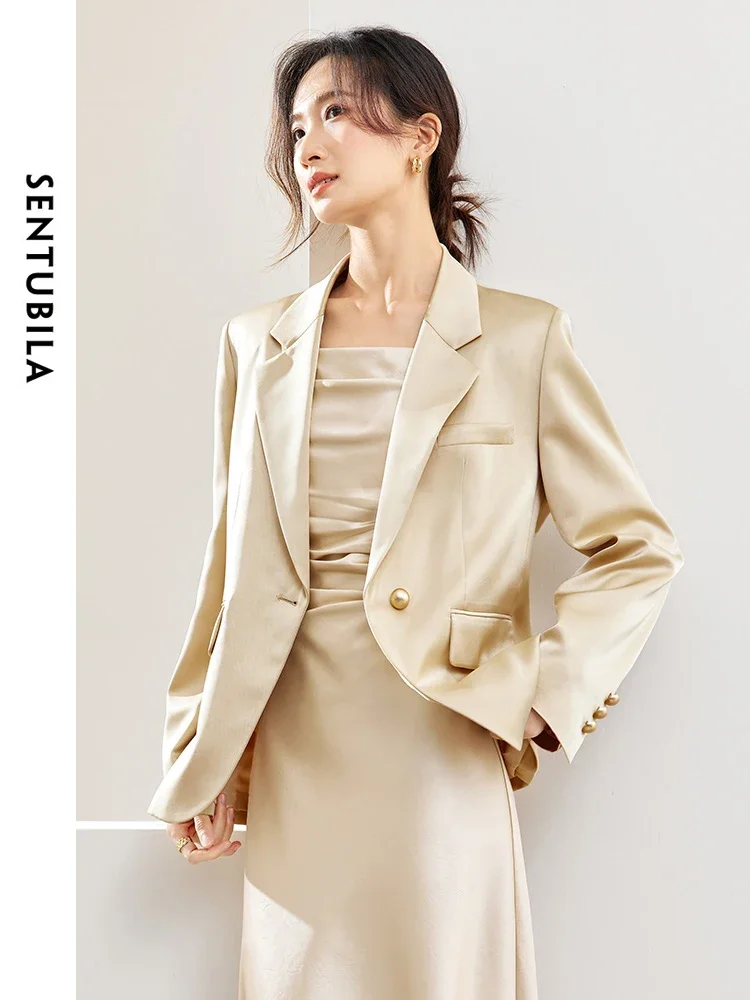 SENTUBILA Women Satin Blazers 2024 Spring Autumn Casual Notched Suit Jacket Woman Long Sleeve Female Tailored Coat 141X52993