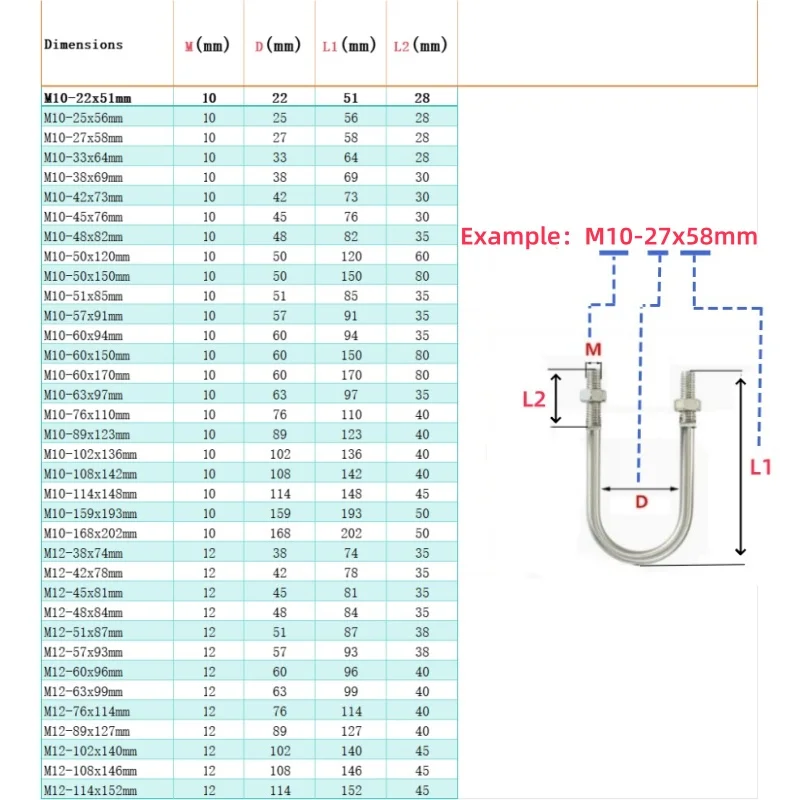 M10 M12 U-shaped Bolt Tube 12-219mm Clamp 304 Stainless Steel U-shaped Screw U-shaped Pipe Clamp Fixing Buckle U-Bolts