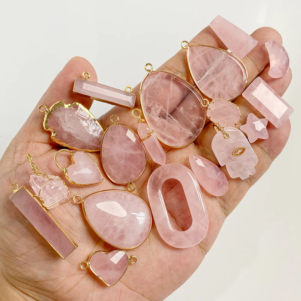 Natural Rose Quartz Stone Pendant Connectors Shape Waterdrop Cross Pink Crystal Charms for Jewelry Making Necklace DIY Bracelet