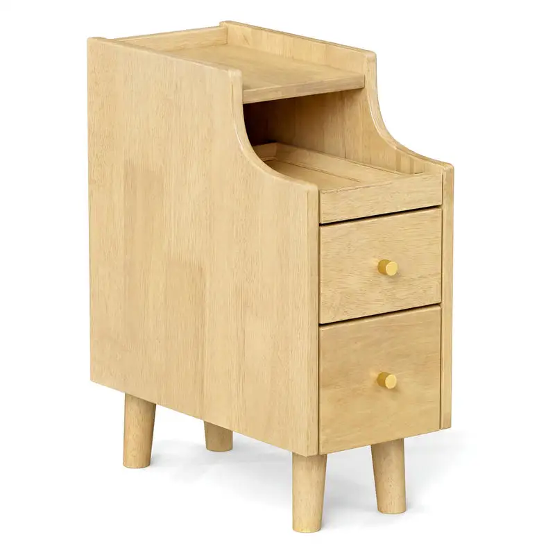 Solid Wood Night Side Table Narrow Bedside Table Nightstand with Pull-out Tray and 2 Storage Drawers-Natural