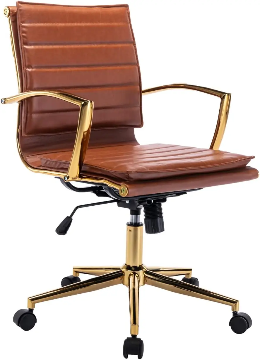 Modern Leather Office Chair Comfortable Home Office Desk Chair with Wheels and Arms Gold Base Conference Chair Ergonomic