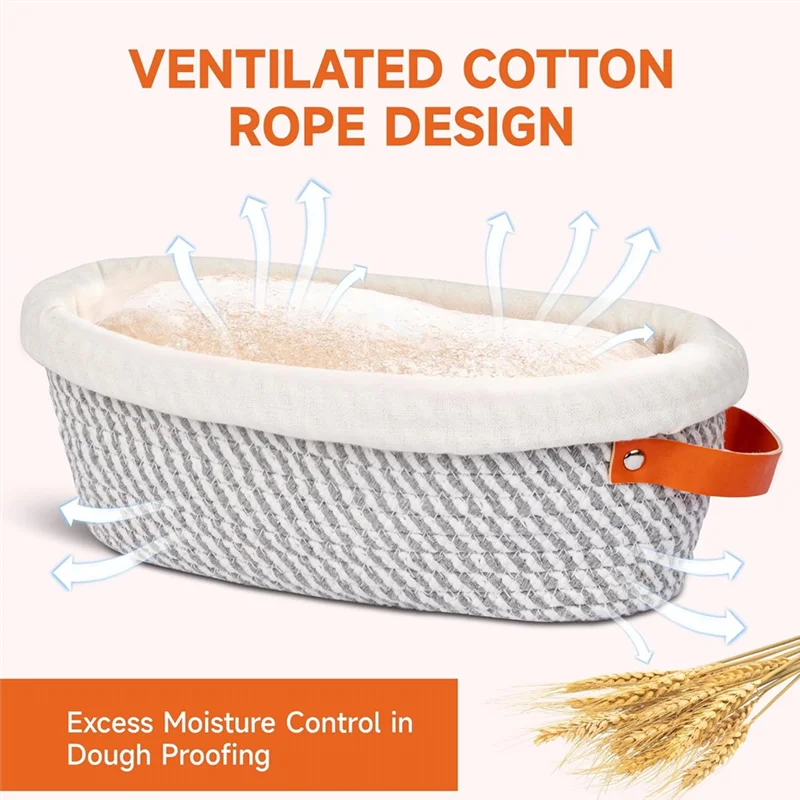 Bread Proofing Basket 2Pcs Cotton Rope Banneton, Oval Bread Basket With Liners& Covers For Artisan Bread Making Baking