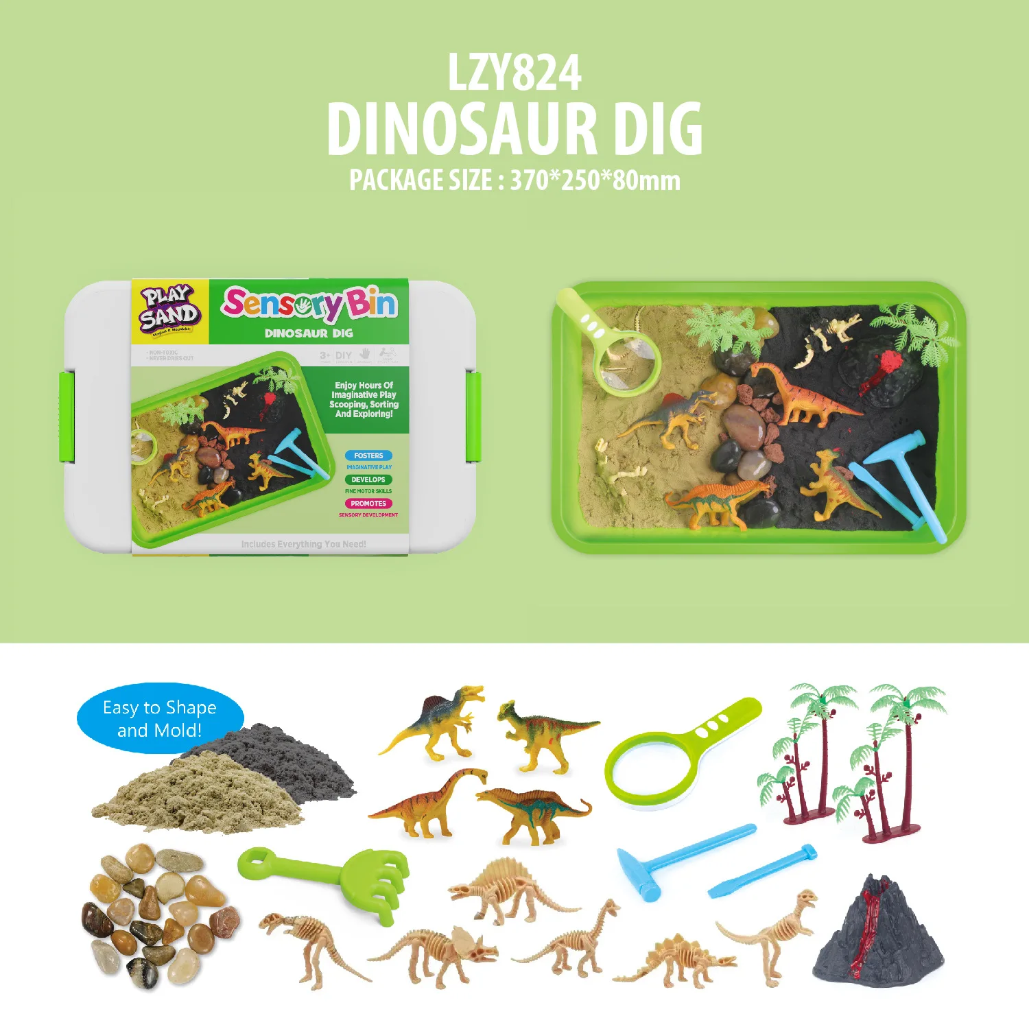 Sensorik-Set Dinosaurier-Ausgrabungsspiel Sand-Set DIY Sensorisches Erkundungsspielzeug für Kinder Schmutzfreies Tragbares Lernset