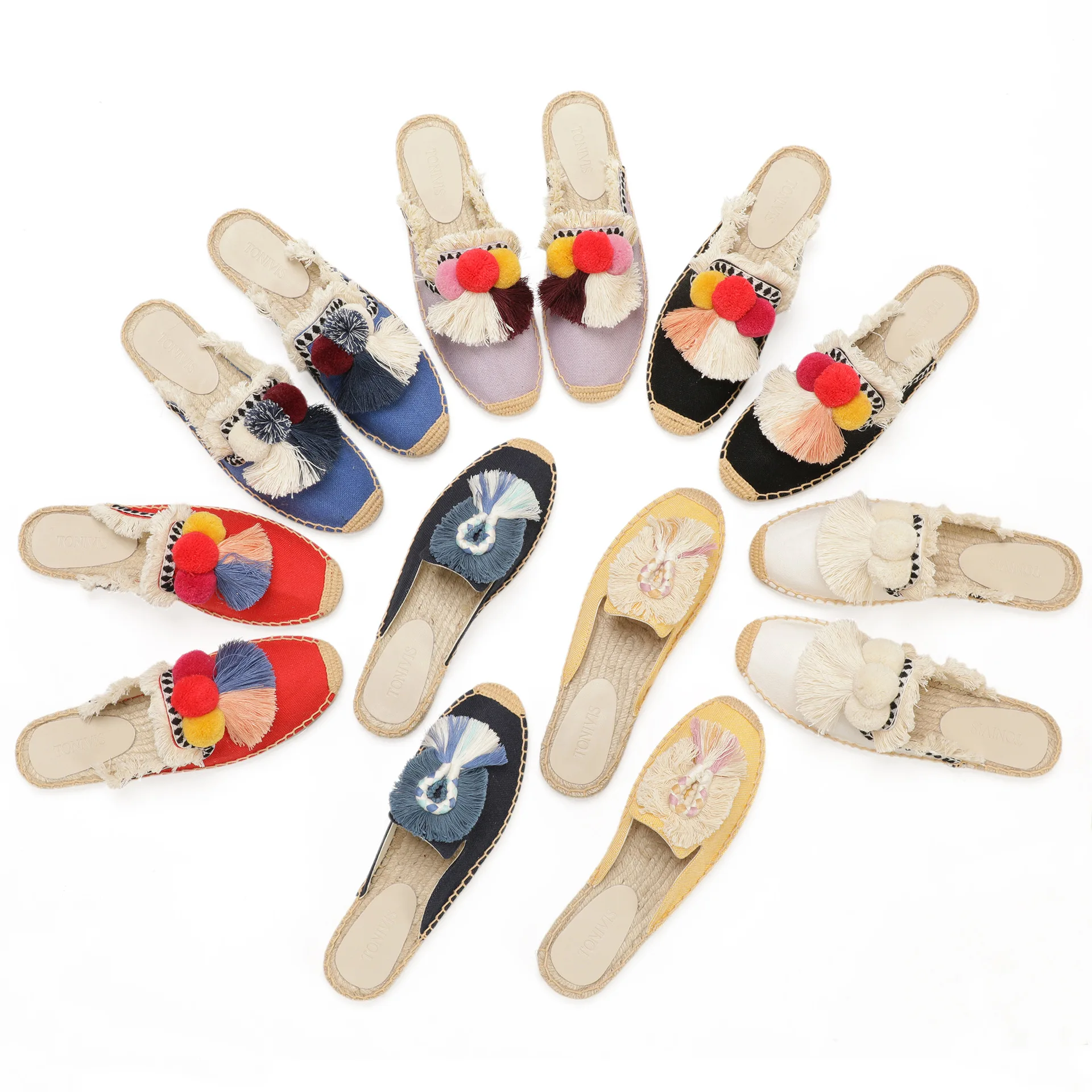 

Женские эспадрильи-шлепанцы в стиле бохо с кисточками, льняные сандалии, летняя повседневная обувь, красочные туфли на плоской подошве с помпонами