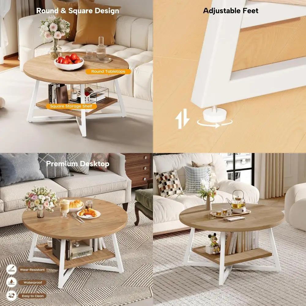 طاولة قهوة مستديرة مدمجة مع مساحة تخزين لغرفة المعيشة والمكتب المنزلي، تصميم خشبي حديث، مثالية للمساحات الصغيرة، سهلة الحمار #1