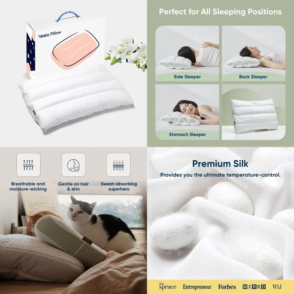 

Silk-Covered Ultra-Slim Pillow for Back and Stomach Sleepers with 100% Silk Layer and Minimalist Design