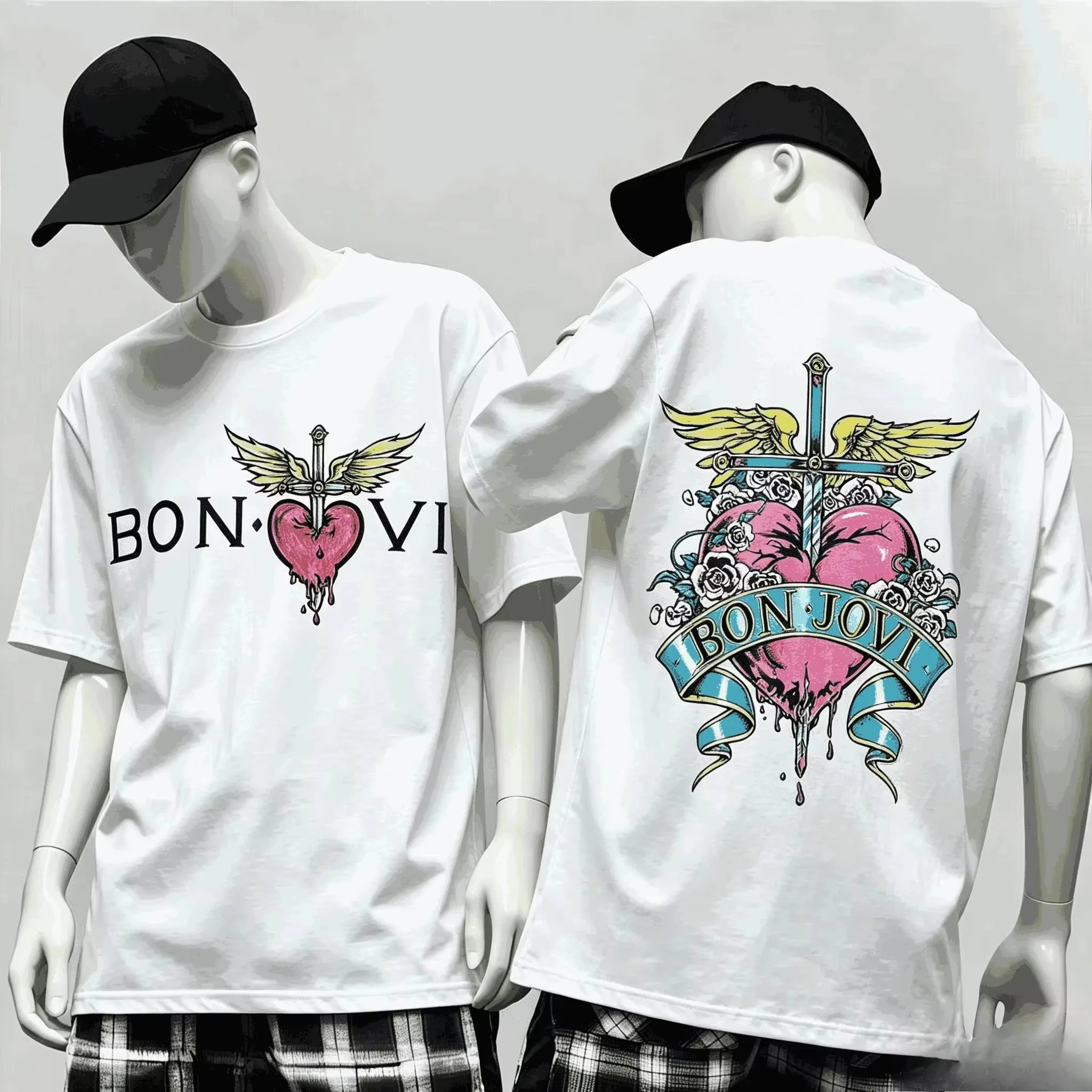 2026 New Family Matching Unisex Oversized Streetwear T Shirt Bon Jovi Rock Band Heart Cross Wings Front Back Print Short Tee