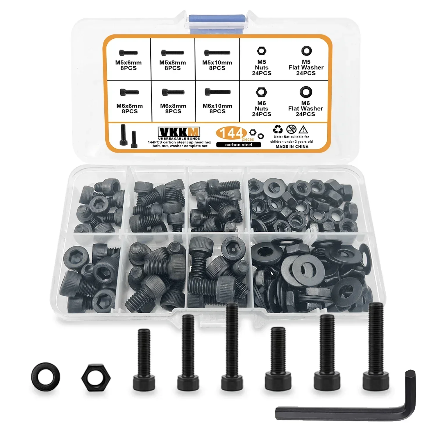 

VKKM 144-Piece M5/M6 Hex Socket Screw Set, 10.9 Grade Alloy Steel – Essential for Mechanical and Furniture Fastening