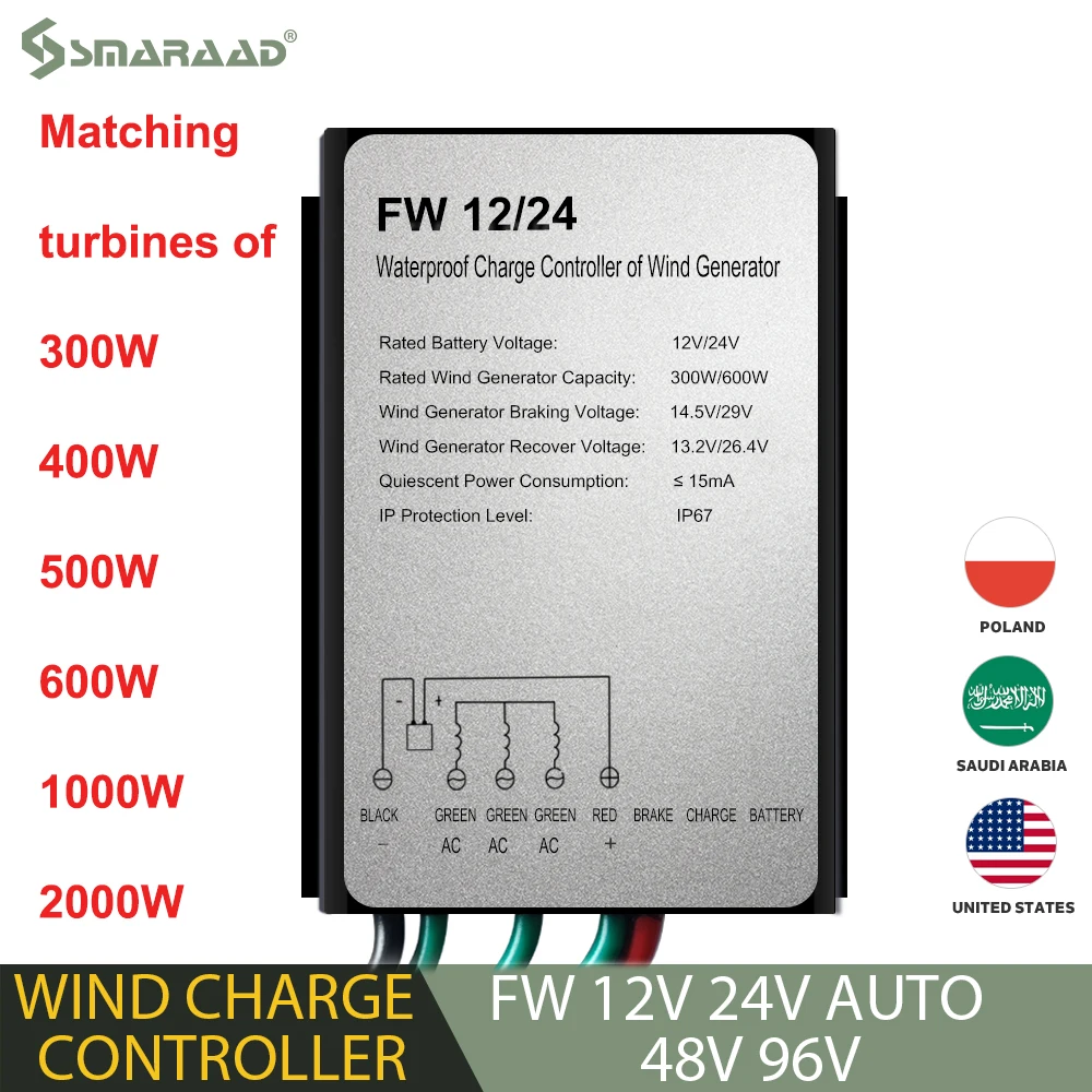 FW Waterproof Wind Generator Charge Controller 300W/400W/500W/600W/1000W/2000W 12V/24V Auto 48V Wind Controller Regulator