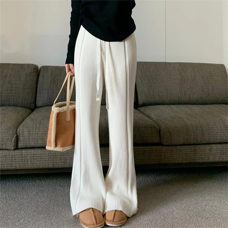 Women's Solid Color Knitted Pit Stripe Wide-leg Pants, Autumn and Winter New High-waisted Drawstring Loose Design Casual Pants,