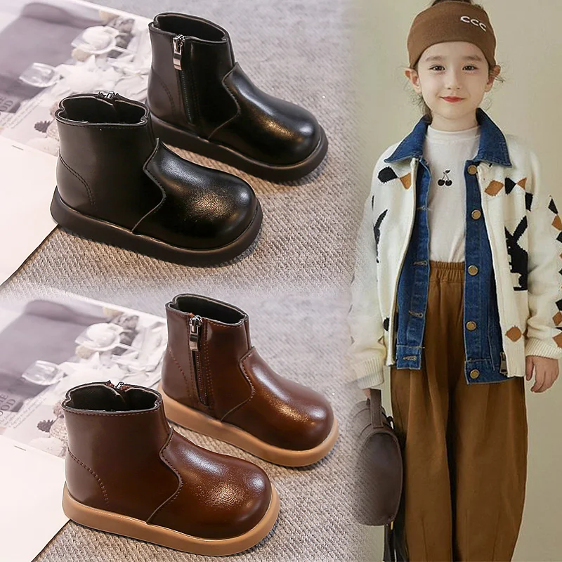 

Детские модные ботинки для детей 2–18 лет, коричневые простые одинарные туфли для мальчиков и девочек, мягкие нескользящие детские короткие одинарные ботинки на четыре сезона