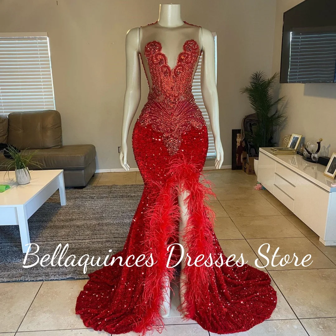 Glitter lantejoulas vermelho vestidos de baile preto menina 2025 alta fenda pena cristal frisado longo vestido de festa feminino luxo personalizado