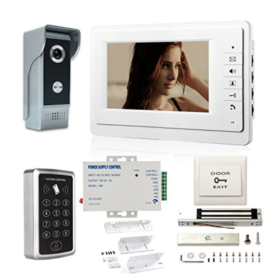 Video door phone intercom system for residential use, LCD display, black finish, password-activated door release with 600lbs el