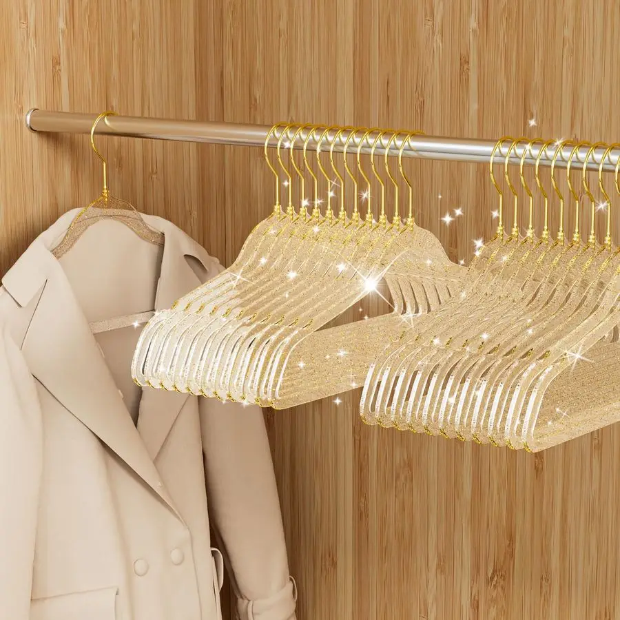 

Pack Clear Plastic Hangers with Gold Glitter, Acrylic, Ultra Slim, Space Saving, for Coats, Pants, Suits, Shirts, Skirts, Dress