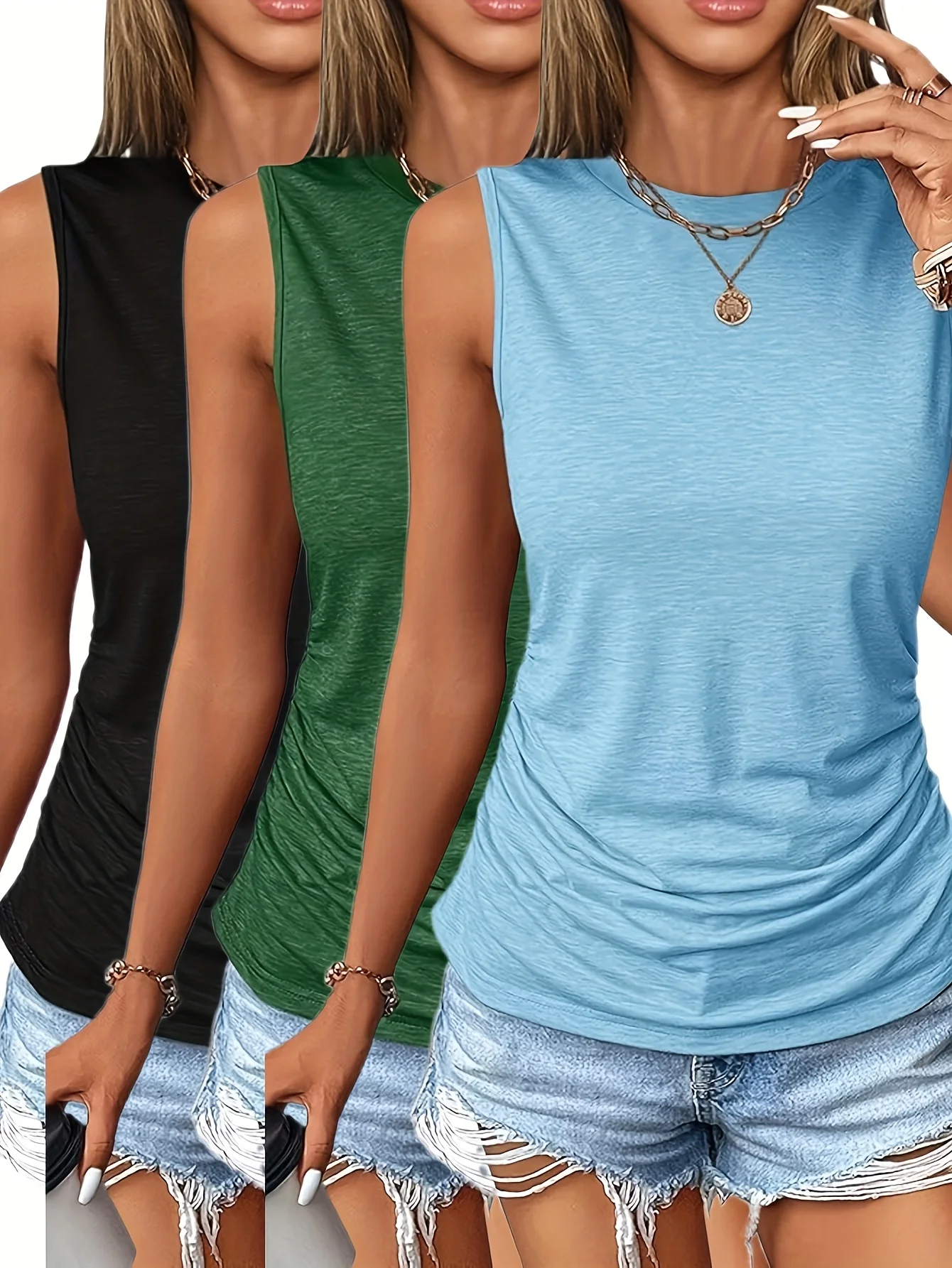 

Fashionable, elegant and versatile pleated casual commuting women's sleeveless three piece set