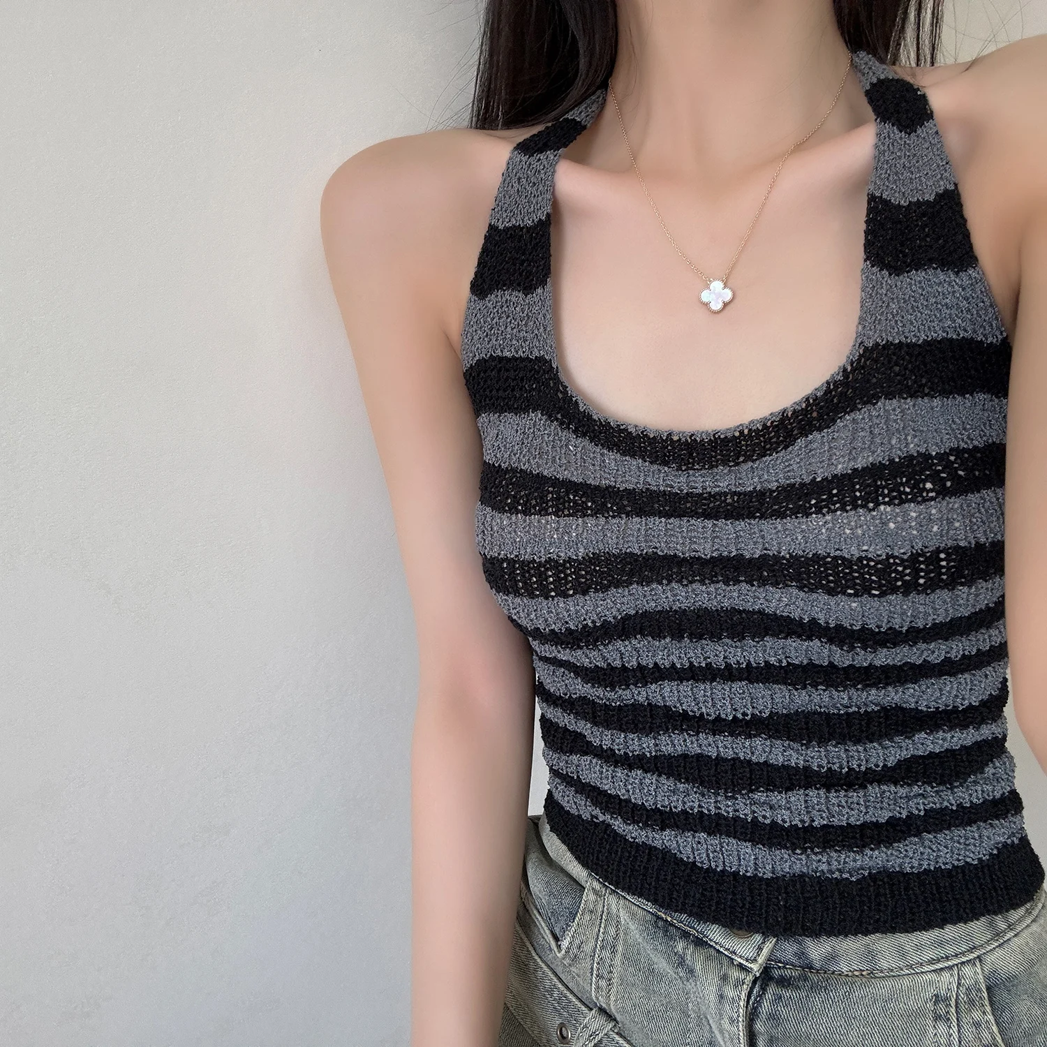 

Striped Knit Halter Tank Top for Women — Lightweight Cropped Summer Vest with Scoop Neck