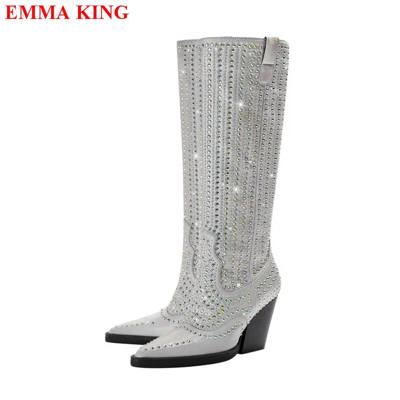 

New Womens Silver Rhinestone Knee High Boots Luxury Chunky Heels Western Boots Pointed Toe Casual Shoes Female Winter Long Boots