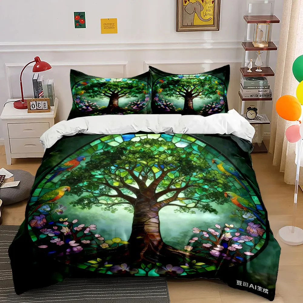 Tree of Life Stained Glass Set Multiple sizes kid's and adults' bedroom Exquisite 3PC bedding set, gift