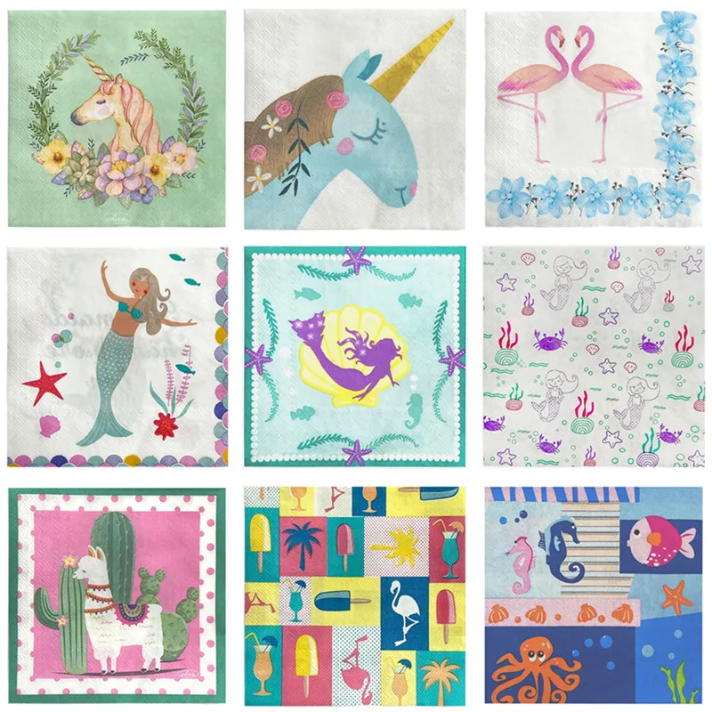 

20Pcs/pack 33x33cm Square Table Napkins Paper Cartoon Mermaid Flamingo Unicorn Tissue Birthday Party Decor Supplies