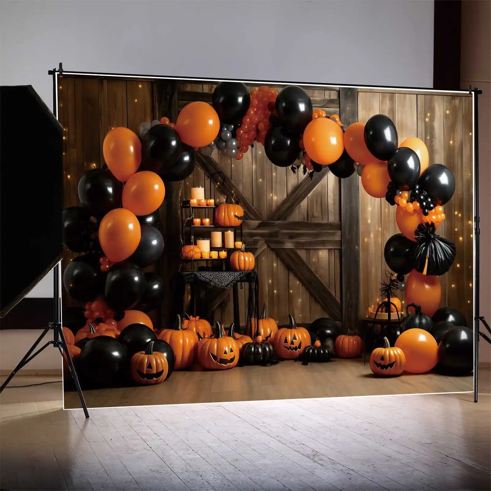 MOON.QG Backdrop Halloween Arch Balloon Jack O Lantern Wood Party Background Kids Candle Light Fire Fly Photo Booth Decorations