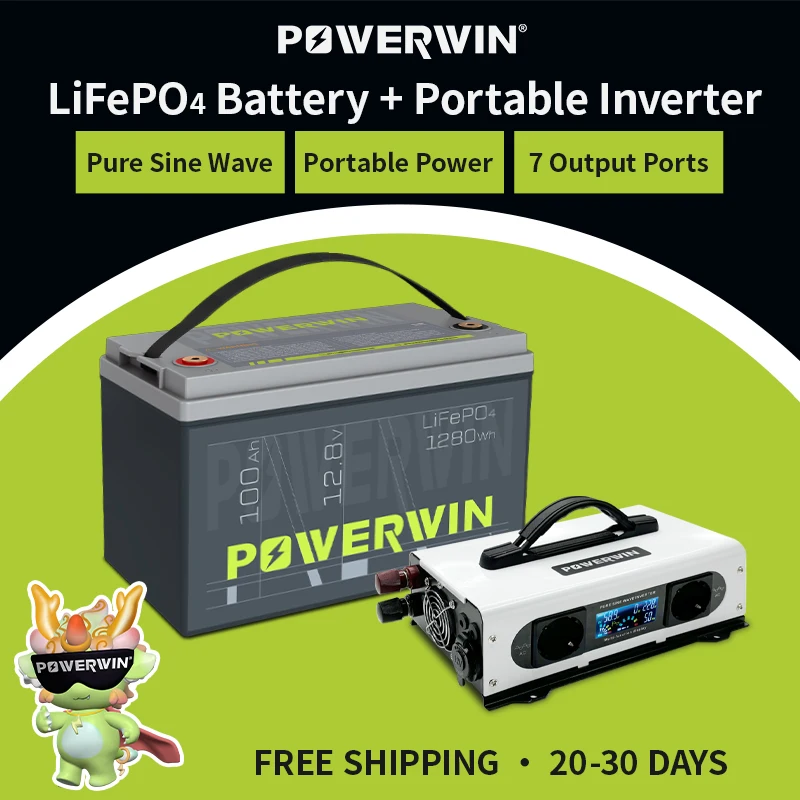 

POWERWIN BT100 12,8 В, 100 Ач, 1280 Втч, встроенный аккумулятор BMS LiFePO4, портативный инвертор, 1200 Вт, от 12 В до 220 В, чистая синусоида, розетка европейского стандарта, 12 В